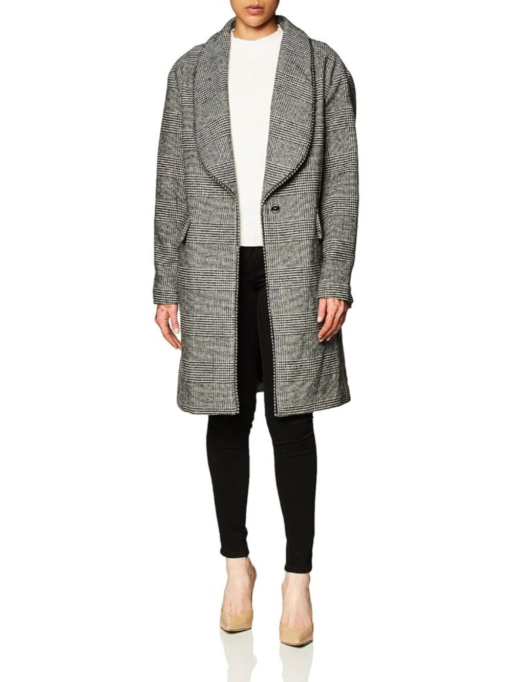 Guess Women's Black White Plaid Versatile Button Closure Imported Wool Coats